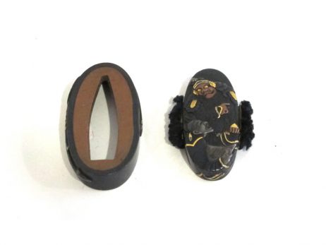 Fuchi Kashira en shakudo décoré en iroe zogan de Bishamonten 2