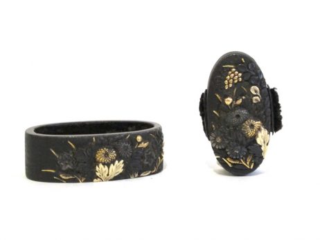 Fuchi-Kashira en shakudo nanakoji - Décor de chrysanthème