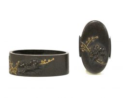 Fuchi Kashira en shibuichi et or à décor de daims