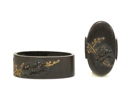 Fuchi Kashira en shibuichi et or à décor de daims