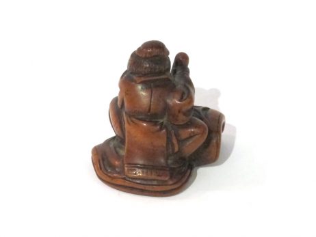 Netsuke en bois katabori - Okame et masque de Saruta Hiko 3