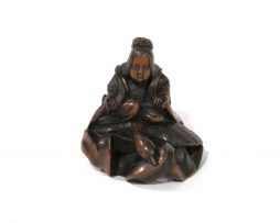 Netsuke en bois - La sennin Ryujo sur un cygne