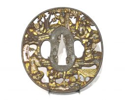 Tsuba en fer marugata - Les Sept Sages de la forêt de bambous