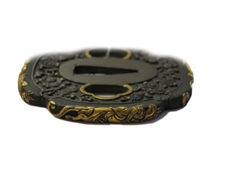 Tsuba en shakudo mokkogata - Chrysanthemes, fleurs et dragons 3