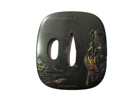 Tsuba en shakudo nadekakugata - Jurojin et son cerf