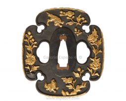 Tsuba en shakudo aoigata - Shishi et pivoines