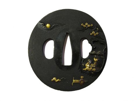 Tsuba en shakudo nagamarugata - Sage et son disciple sous la lune