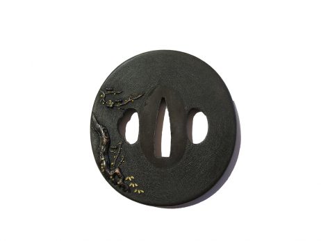 Tsuba en shakudo nagamarugata - Combat de samourais sous des prunus 2