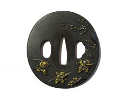 Tsuba en shakudo nagamarugata - Combat de samourais sous des prunus