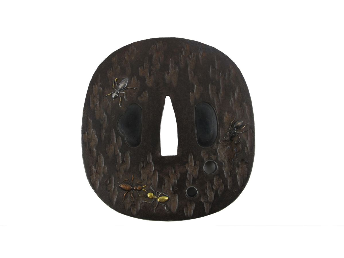 TSUBA KAKU MARU GATA EN FER - FOURMIS ET ECORCE D'ARBRE
